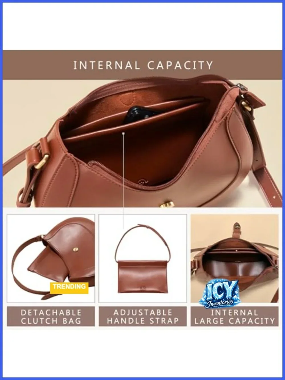 Vegan Leather Crescent Hobo Bag Shoulder Purse Satchel